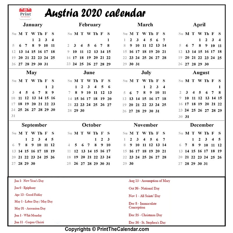 Austria Calendar 2020 with Austria Public Holidays